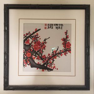 Framed Embroidered Japanese Flowering Quince Art